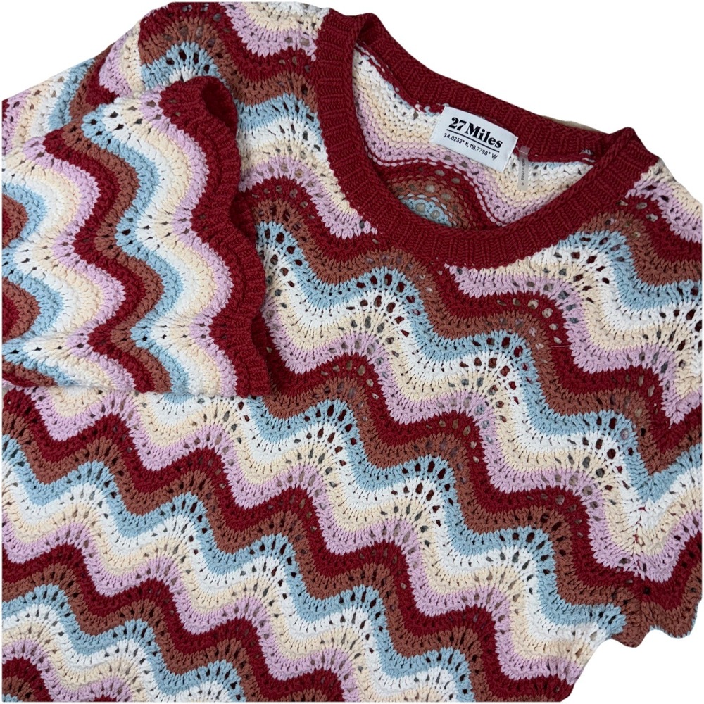 27 Miles Malibu Crochet Mini Dress Womens Sm Multicolor Chevron Knit Long Sleeve